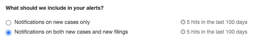 screenshot of alert selection for cases or filings