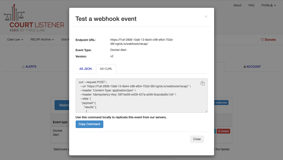 screenshot of the webhook curl test modal