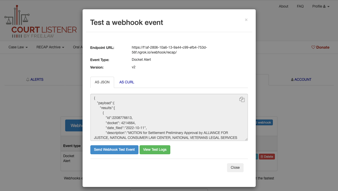 screenshot of the webhook json test modal