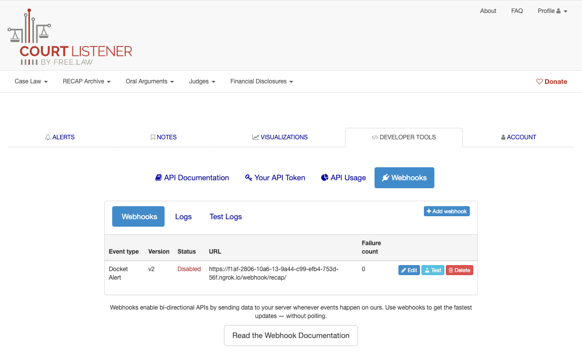 screenshot of a disabled webhook endpoint