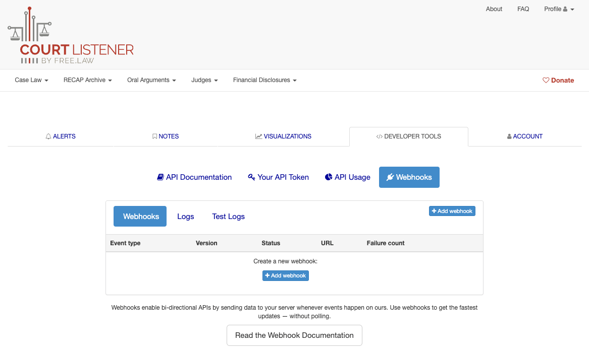 screenshot of the webhook panel